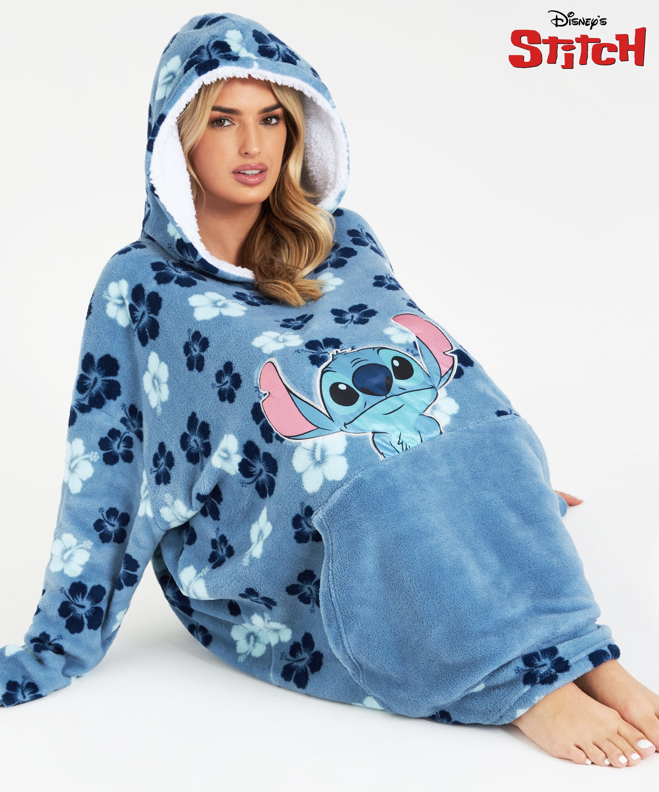 Stitch Flowers Fleece Fluffy Blanket Oversized Poncho Hoodie
