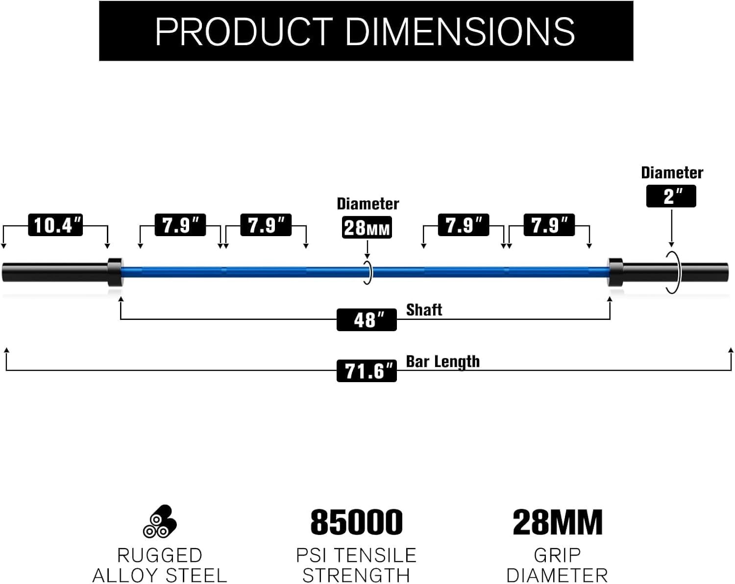 RitFit Olympic Barbell 6FT - 2 Inch Weight Bar for Strength Training, Weightlifting, Squat, Deadlift, Bench Press, Curl, Overhead Press - 500lbs Capacity Black/Blue