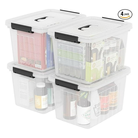 18 Quart Plastic Latching Bin with Lids and Handle, Clear Plastic Storage Tote, 4 Packs
