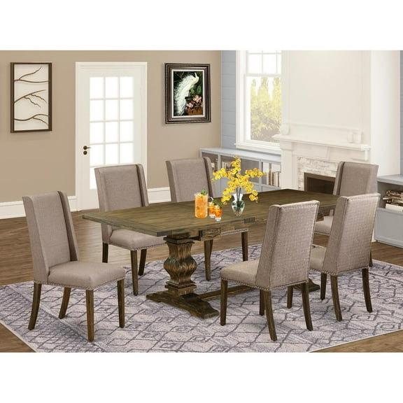 East West Furniture Lassale 7-piece Wood Dining Set in Jacobean Brown/Dark Khaki