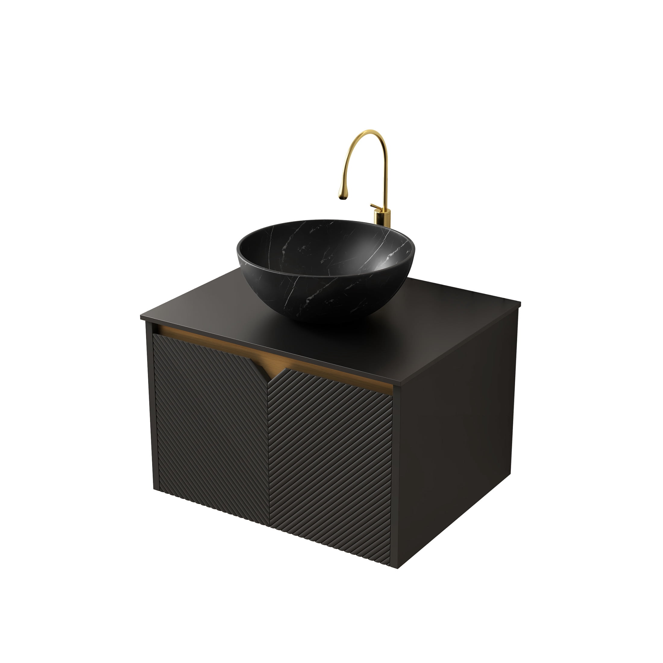 Noble House RUBEN 24" Floating Bathroom Vanity, Sintered Stone Top Cabinet with Black Bowl Ceramic Vessel Sink, Black