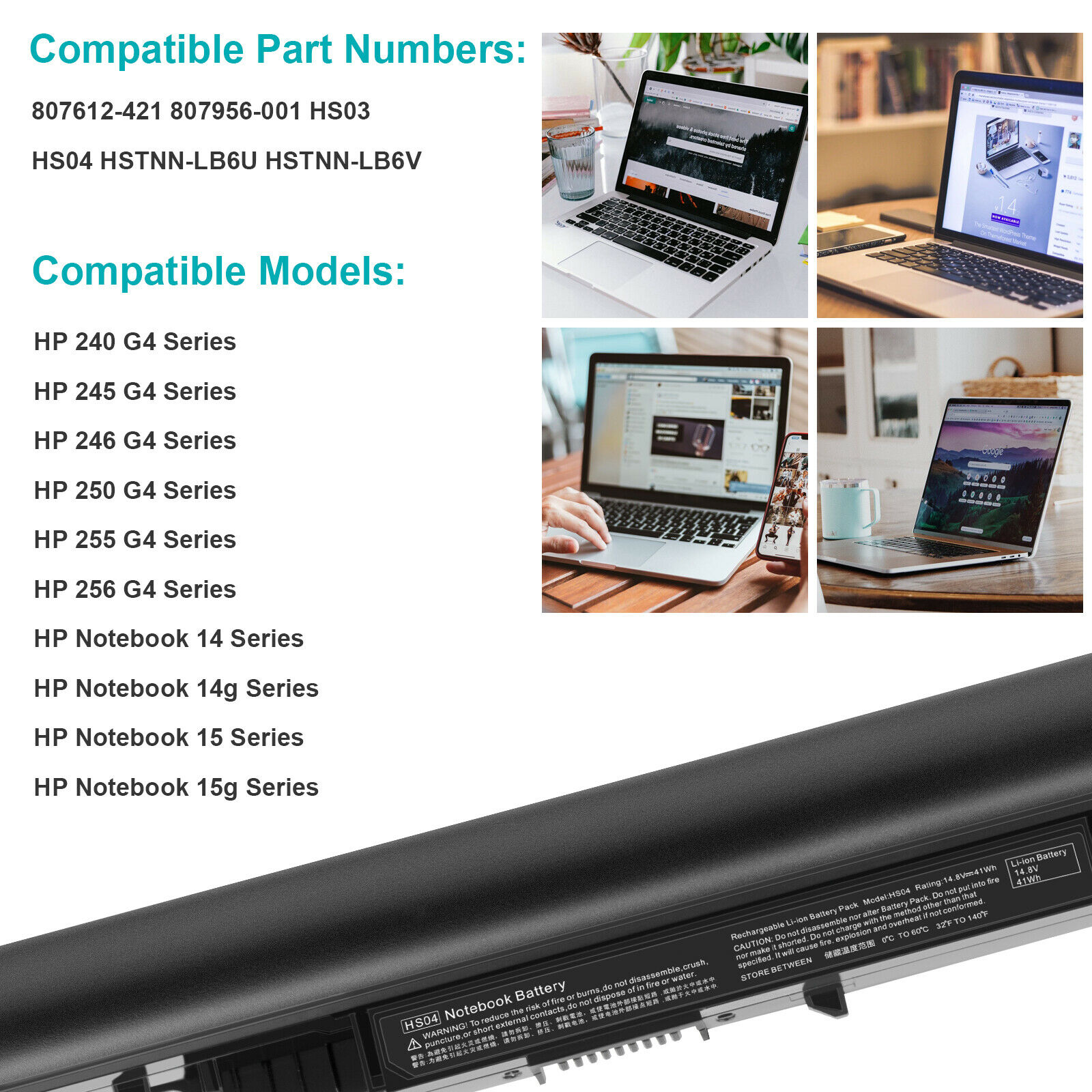 Li-Ion Battery for HP 807956-001 HS04, 14.8V, 4 Cells