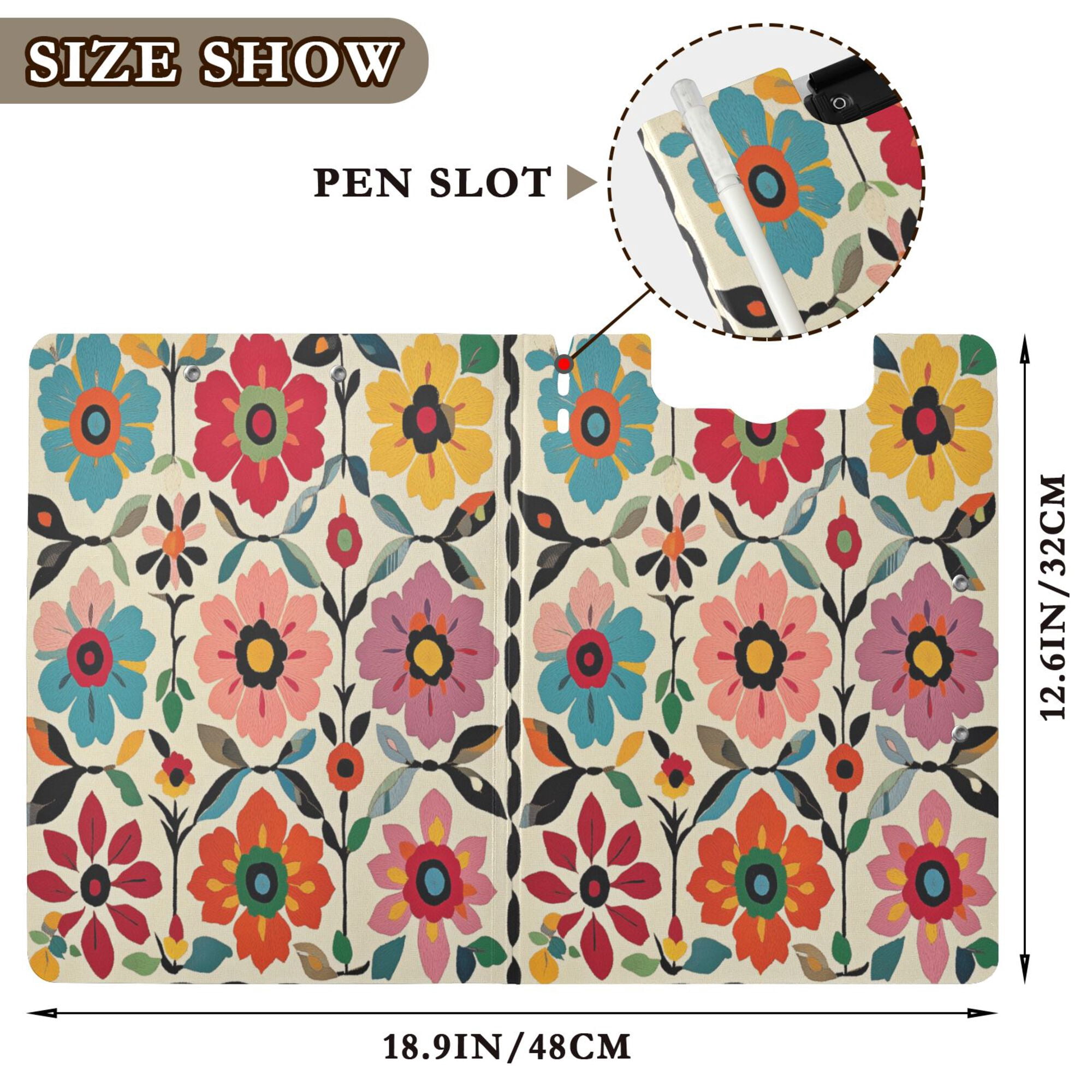 FORMRS A4 Clipboard Folder with Pen Holder Horizontal Foldable School Office Binder, Colorful Flowers