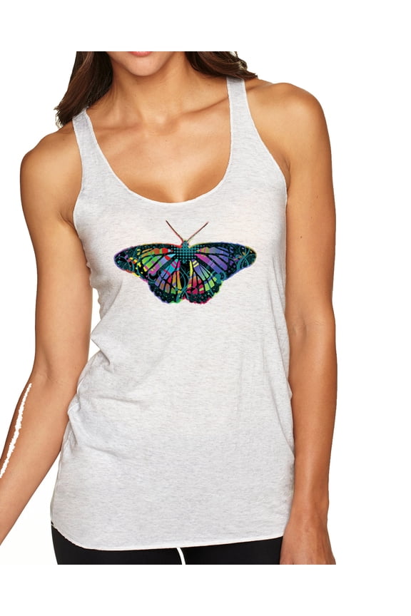 , Colorful Rainbow Patterned Butterfly Animal Lover Tri-Blend Racerback Tank Top, Heather White, Large