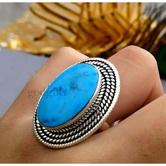 Handmade Turquoise Gemstone Ring: 925 Sterling Silver Boho Jewelry