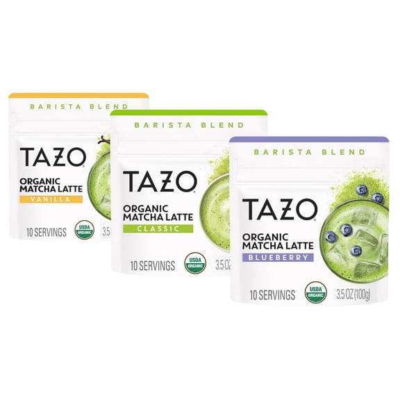 TAZO Organic Matcha Latte Variety Pack, Classic, Vanilla & Blueberry, 3.5 oz Each (Pack of 3), Makes 30 Servings