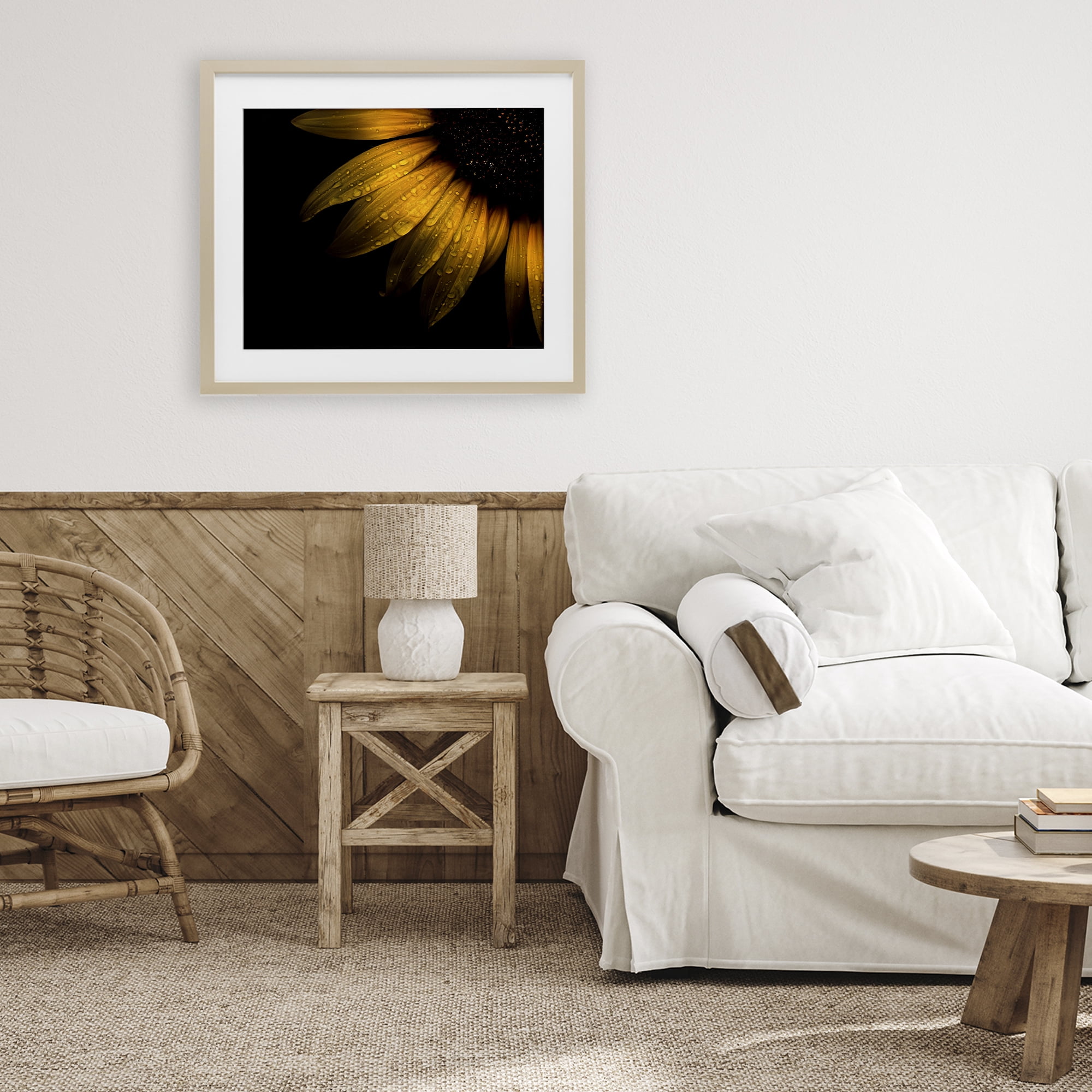 Water Droplets on Sunflower Birch Framed Print Under Glass, design by Brian Carson Photography