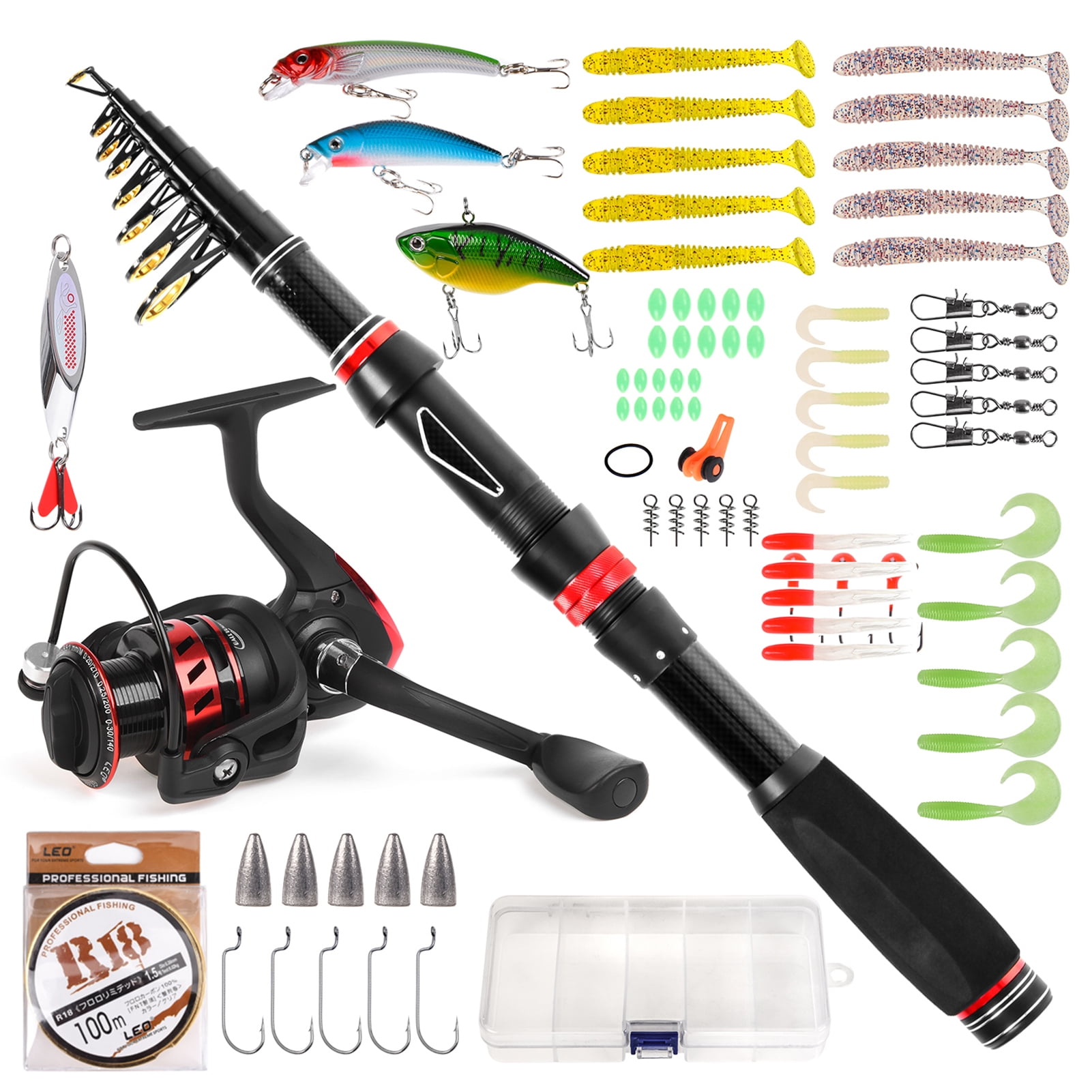 Premium Carbon Fiber Telescopic Fishing Rod & Spinning Reel Combo Kit 118 inches / 3.0m Travel Carrier Bag Saltwater Freshwater Lures Hooks Full Set