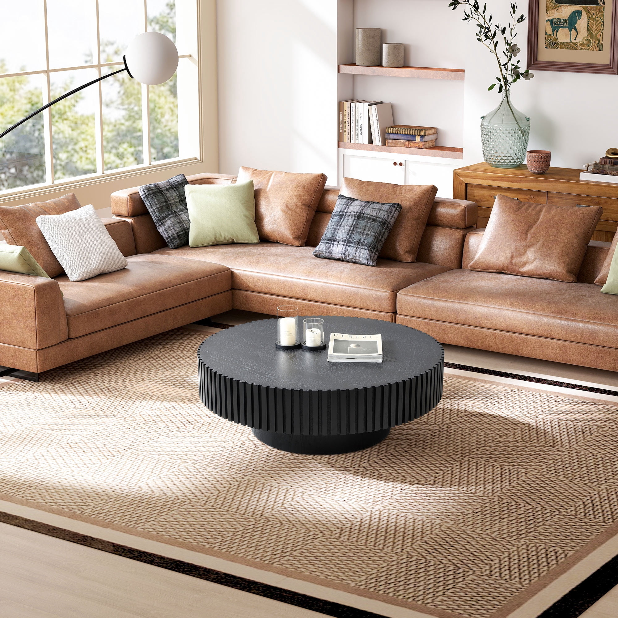 Muumblus 31.5" Round Wood Coffee Table, Modern Unique Fluted Accent Center Table for Living Room, Black