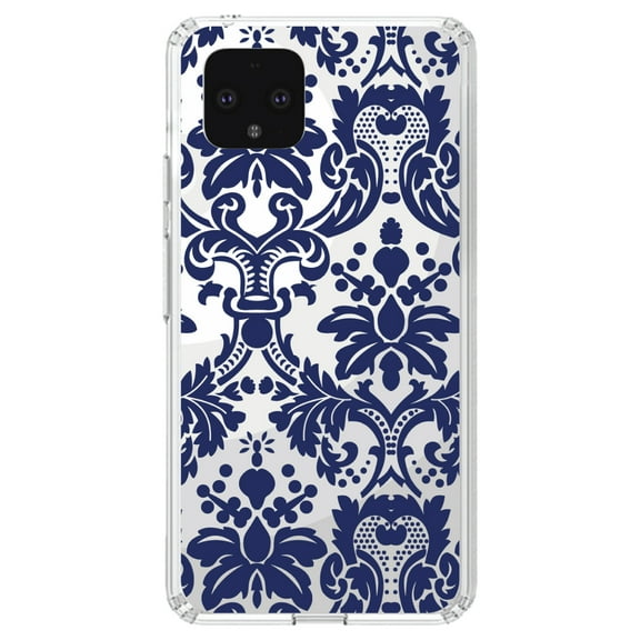DistinctInk Clear Shockproof Hybrid Case for Google Pixel 4 (5.7" Screen) - TPU Bumper, Acrylic Back, Tempered Glass Screen Protector - Blue Grey Damask