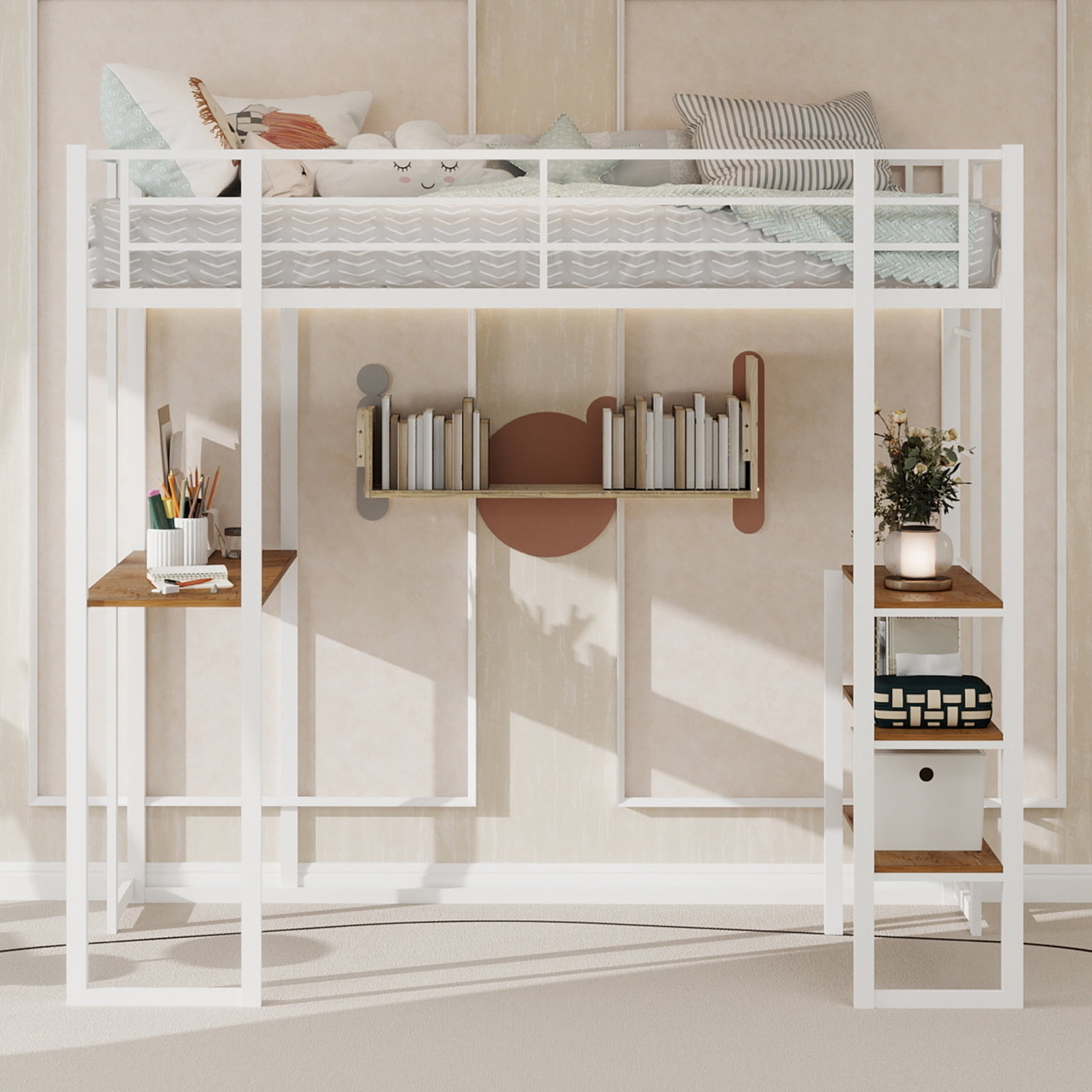 Alvantor Loft Bed Twin Size with Desk, Metal Bed Frame with Open Shelves for Kids/Teens, No Box Spring Needed White