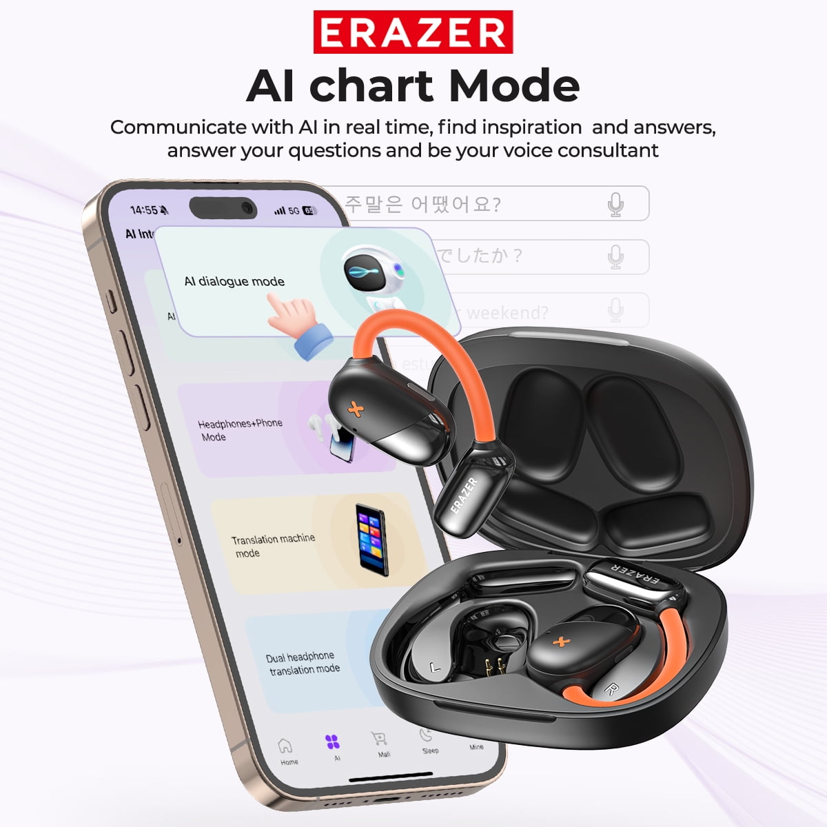 Open Ear AI Translation Wireless Earbuds - ERAZER Bluetooth 5.4, 130+ Language Translator, IPX5 Sweatproof for Running/Business