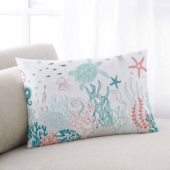 Coastal Turtle Throw Pillow Cover, Pillowcase Protectors with Zipper, Breathable Decorative Lumbar Pillow Case Cover, Teal Green Ocean Coral Starfish Jellyfish Pillow Shams for Couch Sofa 12x20Inch