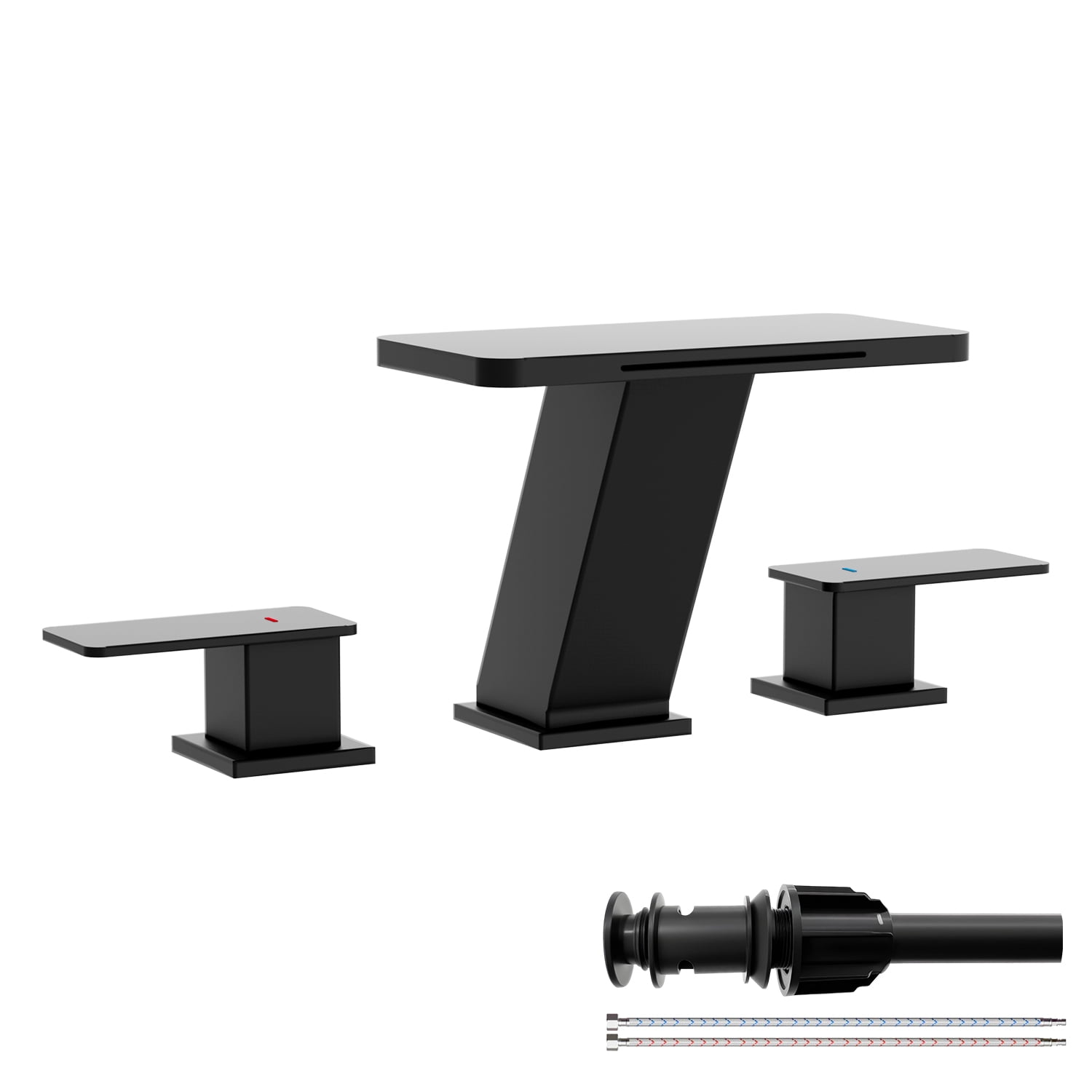 Waterfall 8 in. Widespread 2-Handle Bathroom Faucet, Matte Black, 3-Hole Sink Faucet with Pop-Up Drain & Splash-Free Flow