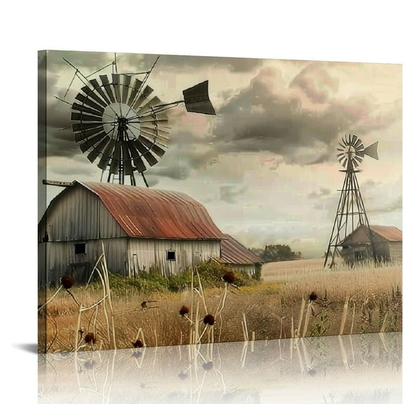 Shiartex Farmhouse Wall Art - Old Barn and windmill Canvas Art Print | Vintage Rustic Art Pictures for Living Room Wall Decoration | Country Wall Decor Framed Artwork 20x16in