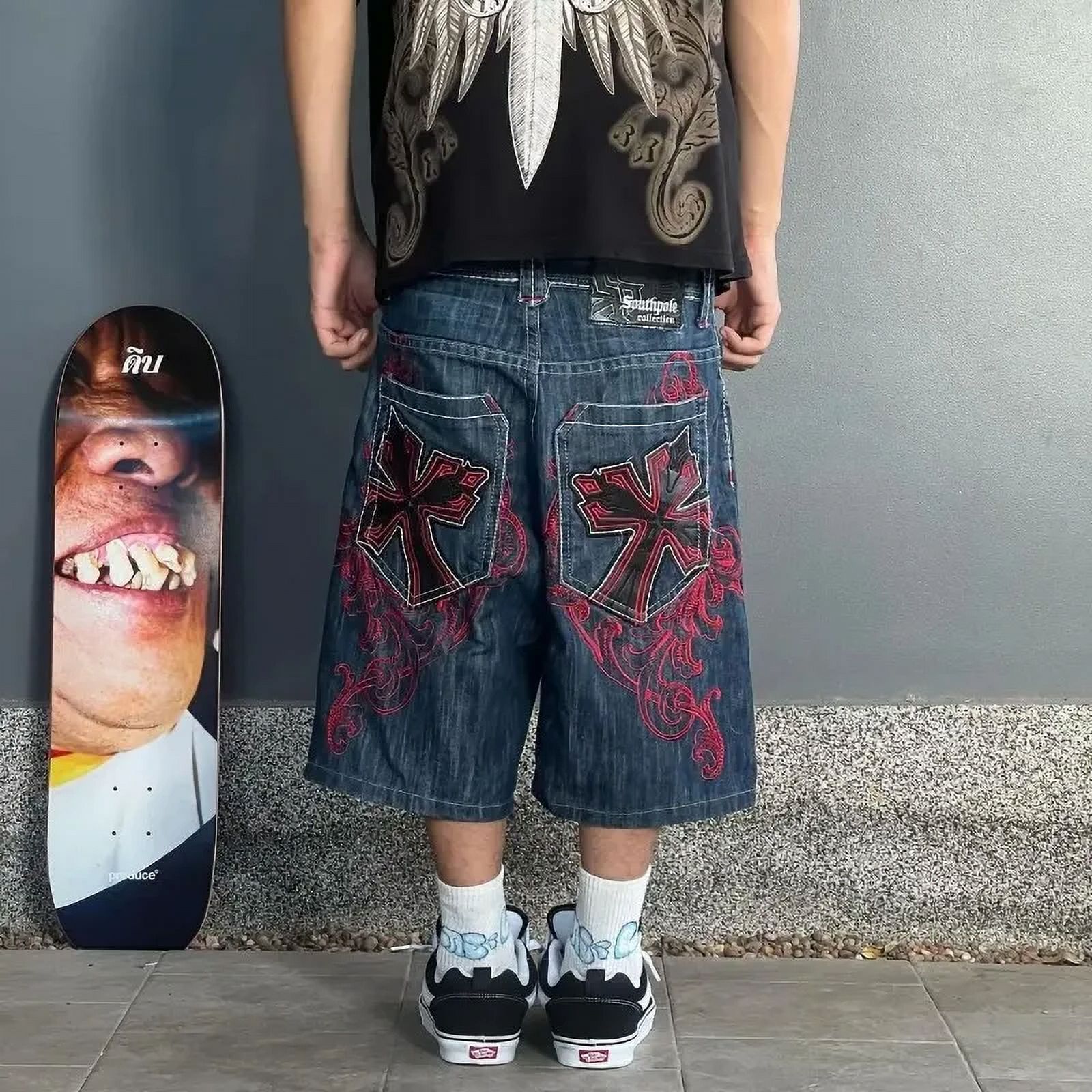 Casual denim short for men 2024 new gothic punk cross graphic