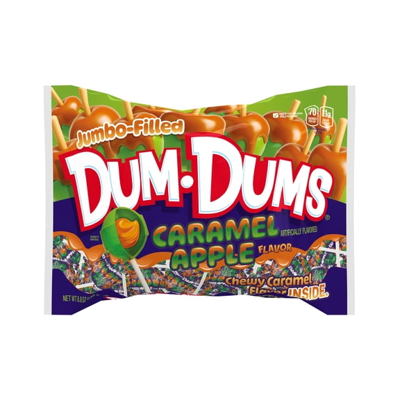 Dum Dums Jumbo Carmel Apple Flavored Lollipops, Filled Halloween Candy, 8.8 oz Bag