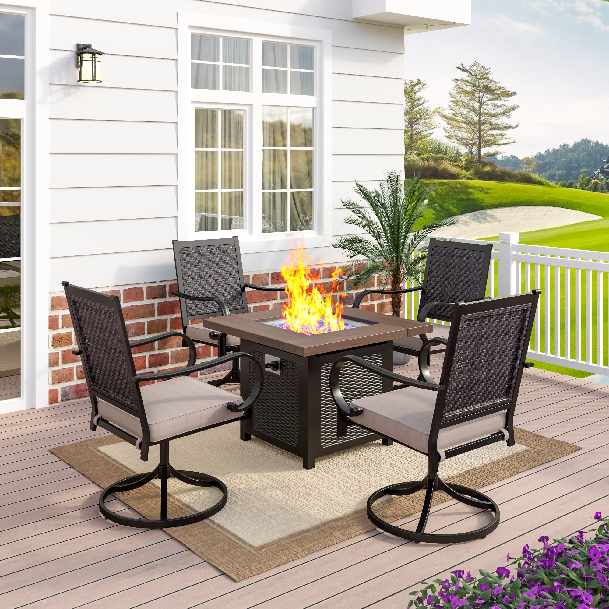MF Studio 5 Pieces Outdoor Patio Dinning Set with 50,000 BTU Wood-look Steel Gas Fire Pit Table & 4 Rattan Cushioned Swivel Chairs