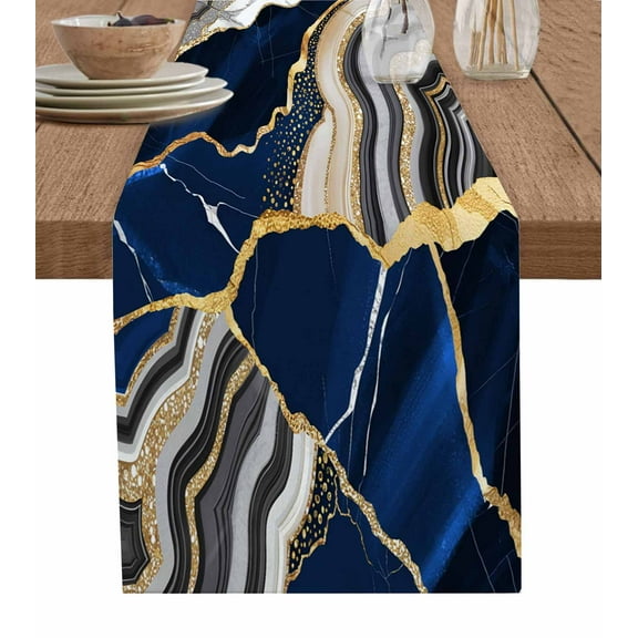 Table Runner Dresser Scarf 13 x 70 Inch Blue Gold Marble Glitter Geometric Marble Foil Texture Table Runners Non-Slip Heat Kitchen Dining Table Decor for Indoor Outdoor Home Party Decoration