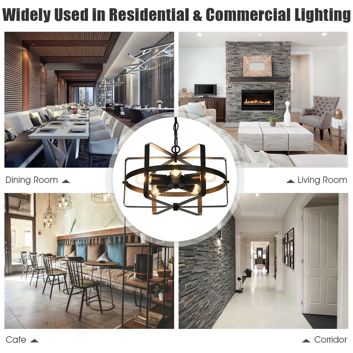 Gymax 5-Light Industrial Pendant Light Metal Drum Shape Round Chandelier Ceiling Lamp