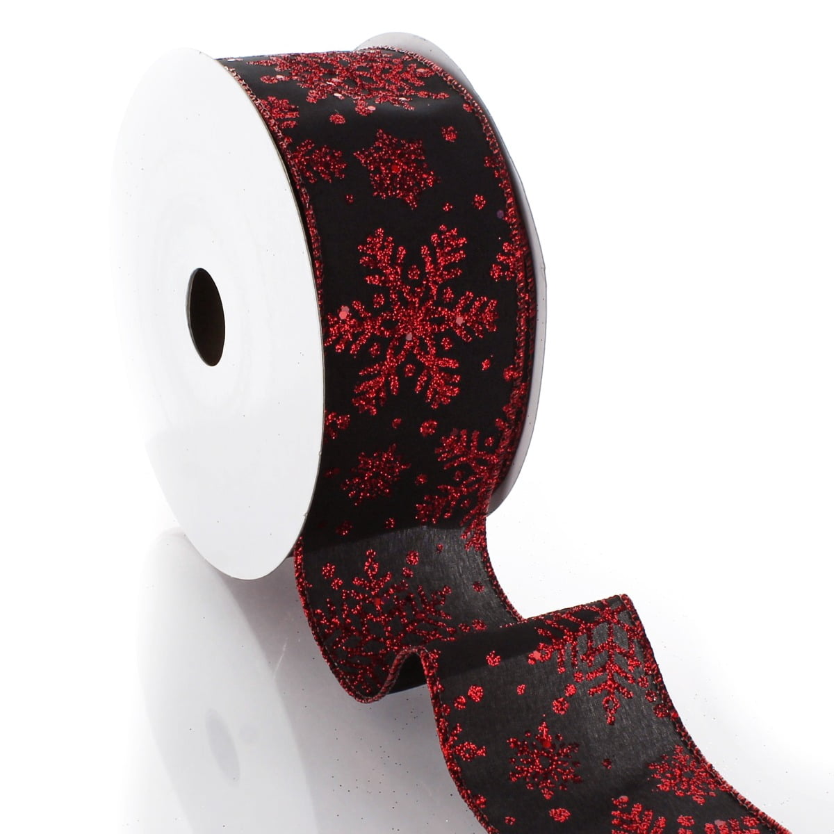 Ribbon Traditions Glitter Snowflakes Satin Wired Ribbon 2 1/2 Inch By 25 Yards - Black / Red