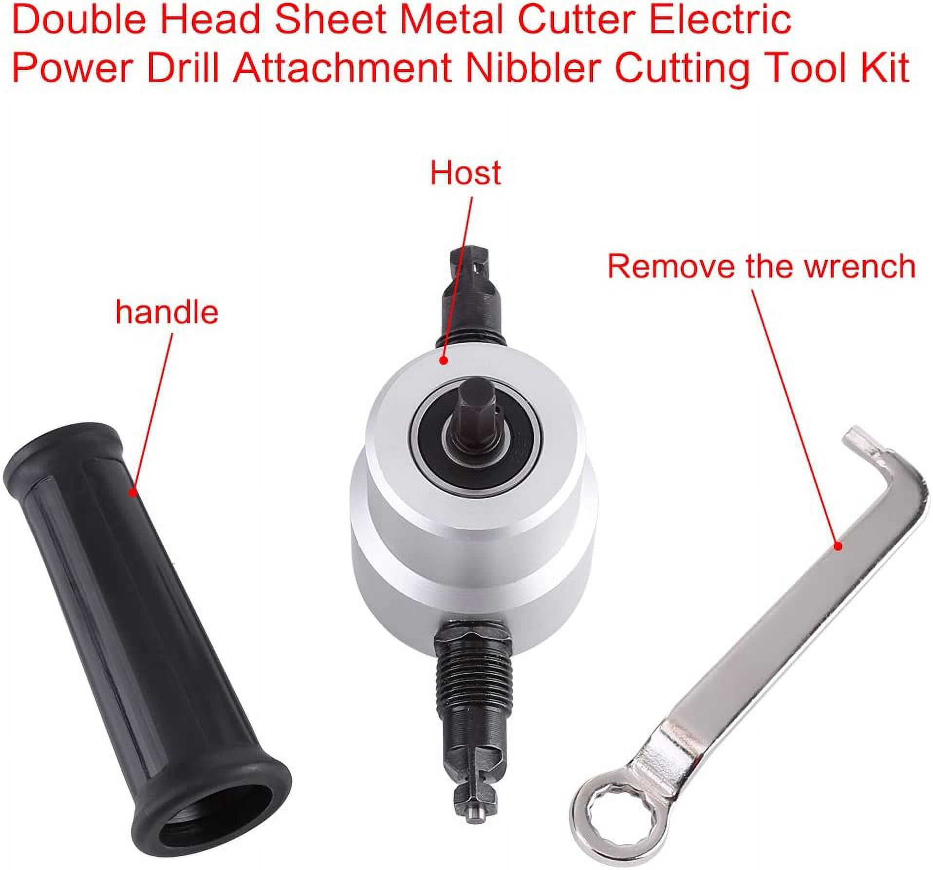 Double Head Sheet Metal Nibbler Cutter 360 Degree Adjustable Power Drill Nibbler Cutting Tools Kit Drill Attachment with Wrench for Straight Curve and Circle Cutting