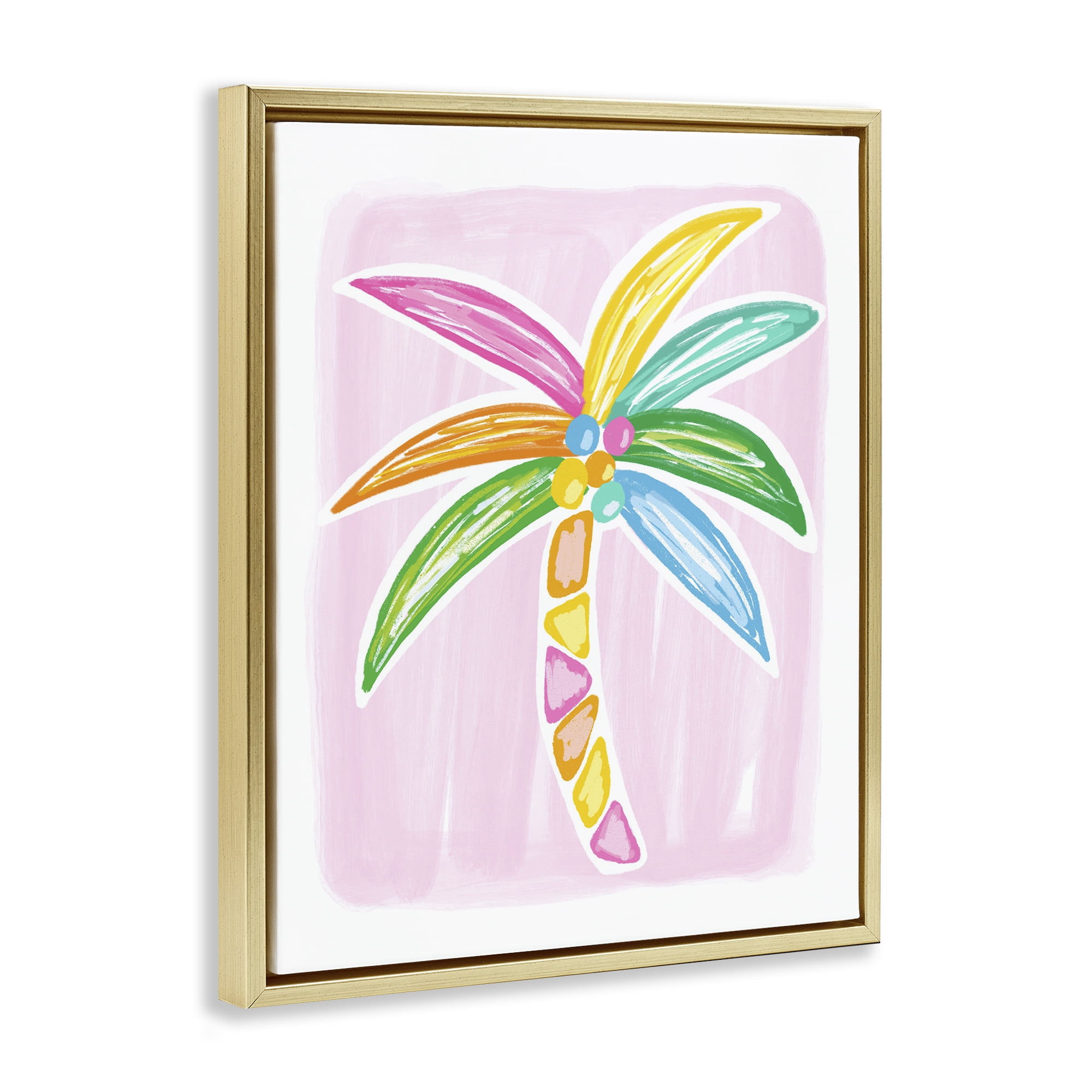 Stupell Industries Pastel Palm on Pink Botanical & Floral Painting Gold Floater Framed Canvas Art Print Wall Art, 17 x 21
