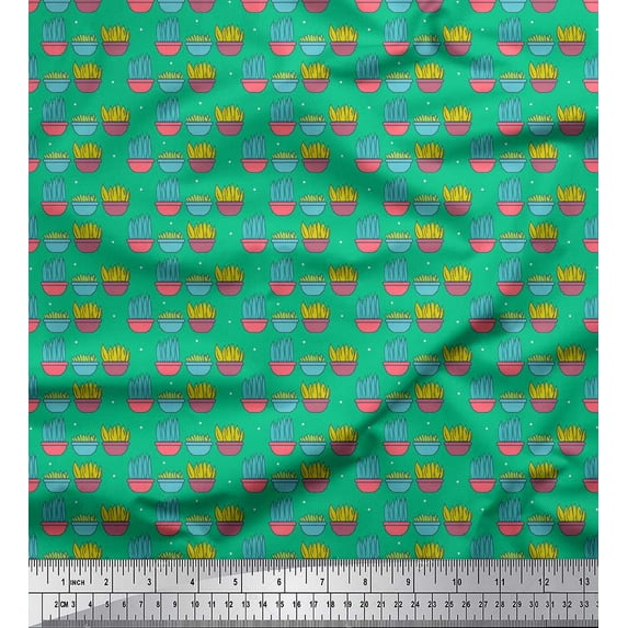 Soimoi Green Cotton Voile Fabric Dot,Pot & Plants Garden Accessories Print Sewing Fabric Yard 42 Inch Wide