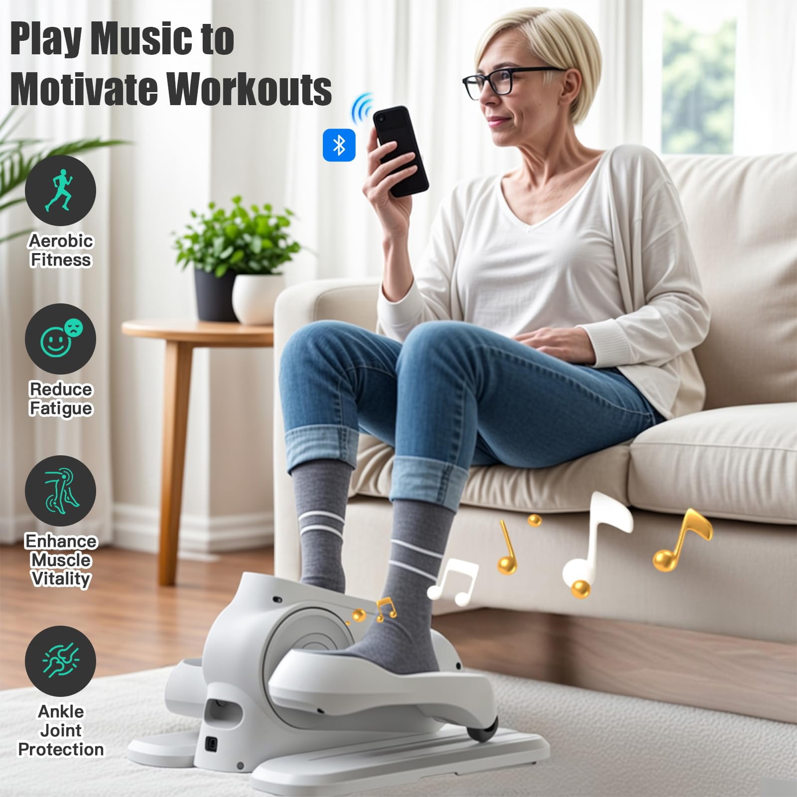 ADVWIN Music Under Desk Elliptical Machine, Electric Leg Exericser While Sitting for Seniors, Seated Pedal Exerciser with Remote Control, Portable Training Equipment for Home Office