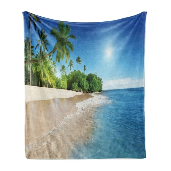 Tropic Soft Flannel Fleece Blanket, Ocean Tropical Palm Trees on Sunny Island Beach Scene Panoramic View Picture, Cozy Plush for Indoor and Outdoor Use, 50" x 70", White Green Blue, by Ambesonne