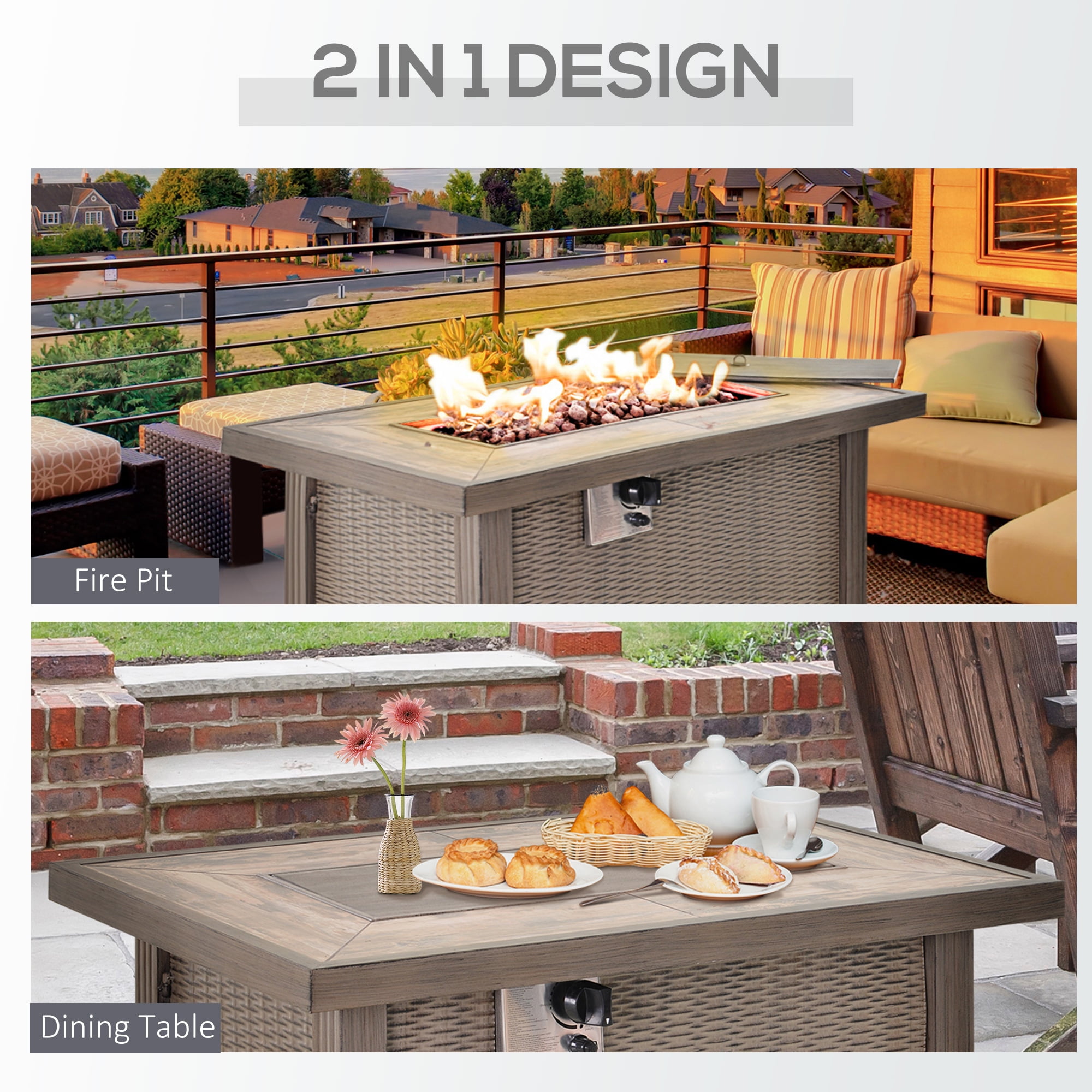Aimee Lii 50,000 BTU Auto-Ignition Gas Fireplace Fire Pits, 42" Propane Fire Pit Table with Ceramic Tabletop, Steel Base, Lid, Lava Rocks and Cover, Gray