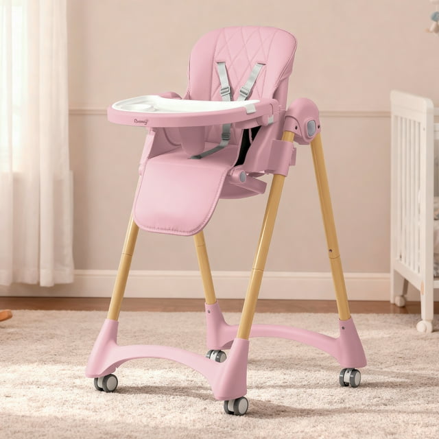 Bebbly Silla Alta para Bebé Ajustable con Charola y Respaldo Reclinable Altura Regulable en 6 Niveles Silla de Comer con Arnés de Seguridad y Ruedas Ideal, Juego 6 meses a 3 años (Rosa)
