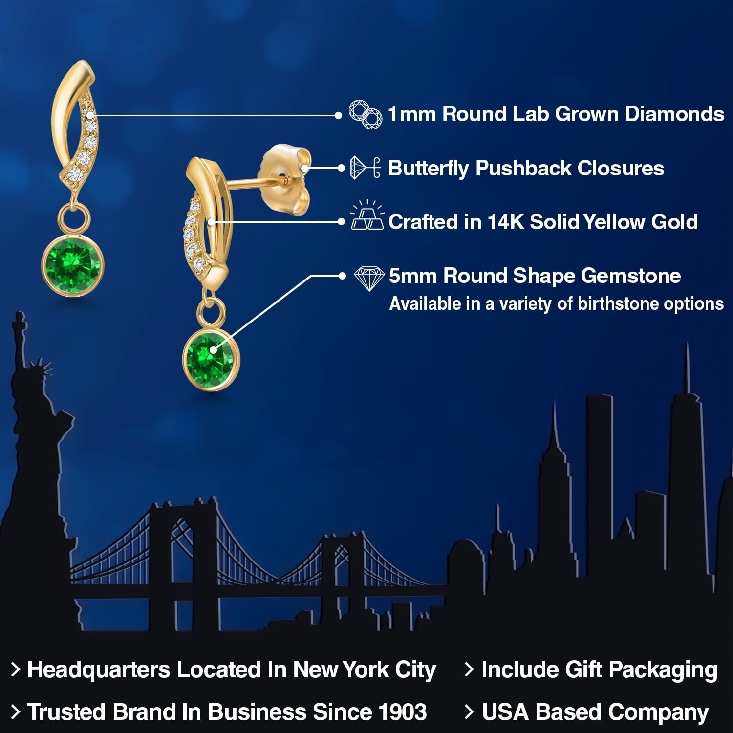 Gem Stone King 14K Yellow Gold Green Created Emerald and Lab Grown Diamond Earrings for Women | 1.73 Cttw | Gemstone May Birthstone | Round 5MM