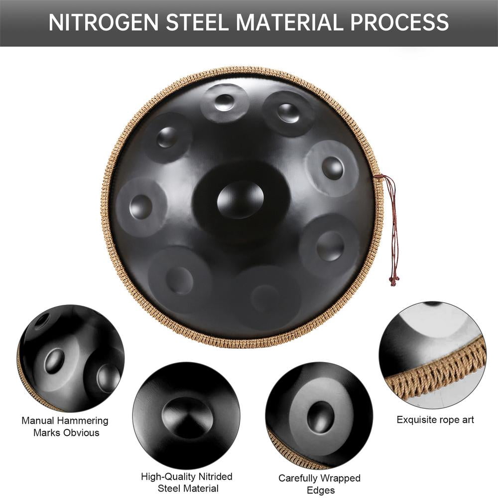 WAASOSCON 18-Inch 430 Stainless Steel Hand Pan Drum in Black, 9-Note G Minor, 11 lb, Ideal for Musical Play, Outdoor Performances, and Meditation for All Ages