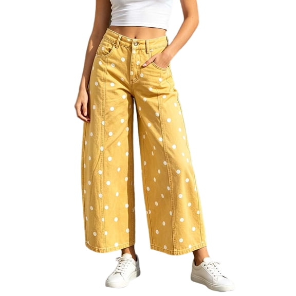 WRFWUL Womens Polka Dot Barrel Jeans High Waist Button Fly Wide Leg Jeans Casual Streetwear Trousers with Pockets