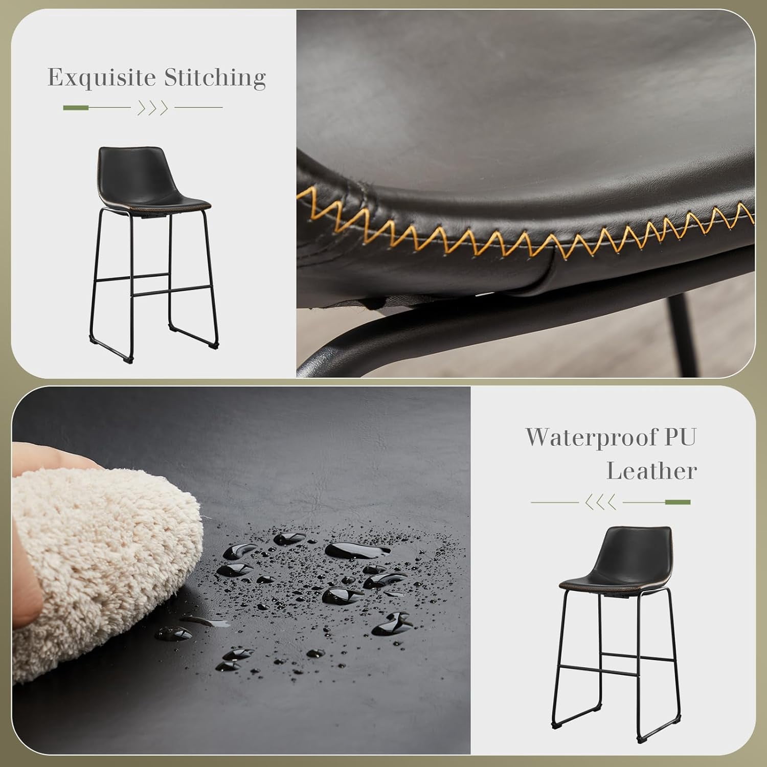 MAYEERTY 30 Inch Barstools High PU Leather Counter Bar Stool with Back and Footrest Set of 2, Black