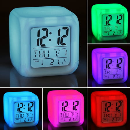 TSV LED 7 Colors Digital Change Alarm Clock Time Snooze Thermometer Light