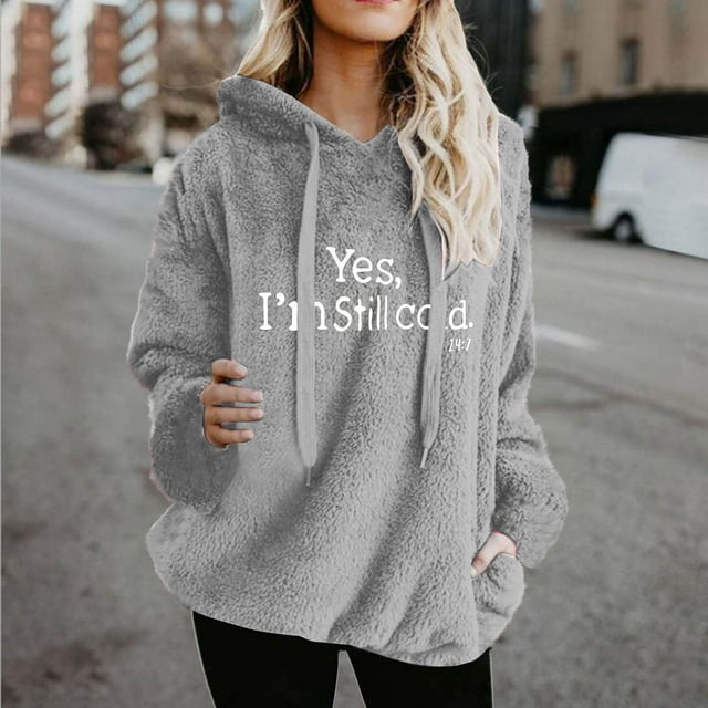 Amzcrzy Fleece Jacket Women Women Fall and Winter Solid Color Long Sleeve Warm Wool Pockets Drawstring Hooded Sweatshirt Womens Fleece Jacket Winter Jackets for Women Jackets for Women