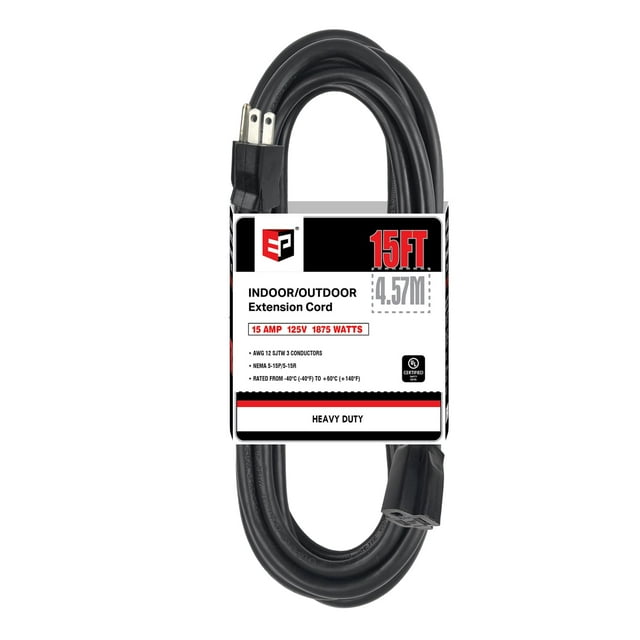 Cable de extensión para exteriores EP, 15 pies, 12/3, SJTW, 15 A, 125 V, certificado UL