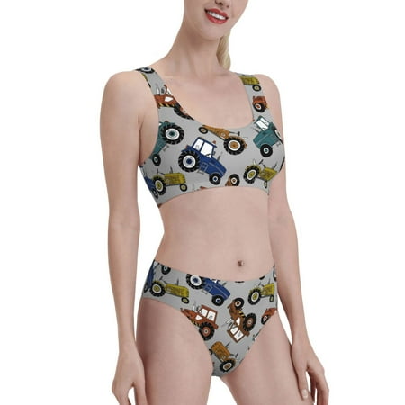 Uemuo Color Tractor Printed Women s High Waisted Bikini Sets Sporty Two Piece Swimsuits Color Block Cheeky High Cut Bathing Suits-Large