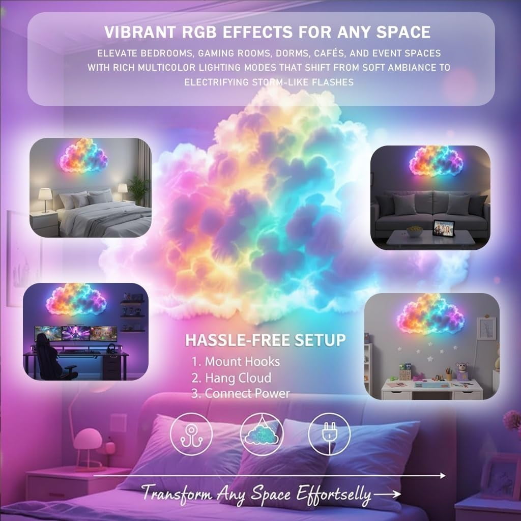 3D Thundercloud LED Atmosphere Light – Color-Changing USB-Powered Cloud Lamp with Dynamic Lighting for Gaming Rooms, Parties & Clubs – Interactive Night Light, Weather-Themed Decor