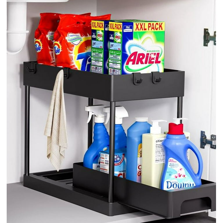 BTSD-home 1 Pack Adjustable Under Sink Organizers and Storage, 2 Tier Under  Cabinet Storage with Sliding Storage Drawer and Hooks for Kitchen and  Bathroom（Black… in 2023