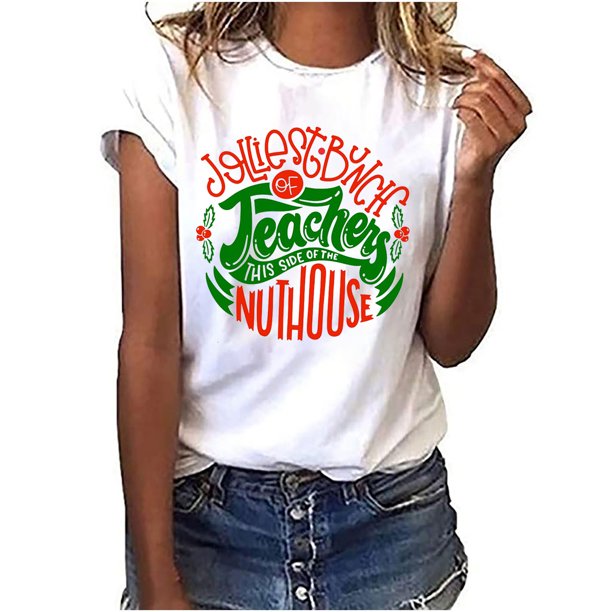 Camiseta con estampado de letras navideñas divertidas para mujer Pompotops hfajkhk123617