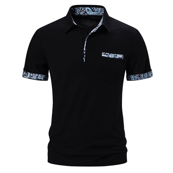 Penkiiy Patchwork Print Blouse Pullover for Men Business Button Short Sleeve T-Shirt Tops Turn Down Regular Shirt Tees Work L Black
