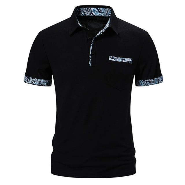 Penkiiy Patchwork Print Blouse Pullover for Men Business Button Short Sleeve T-Shirt Tops Turn Down Regular Shirt Tees Work S Black