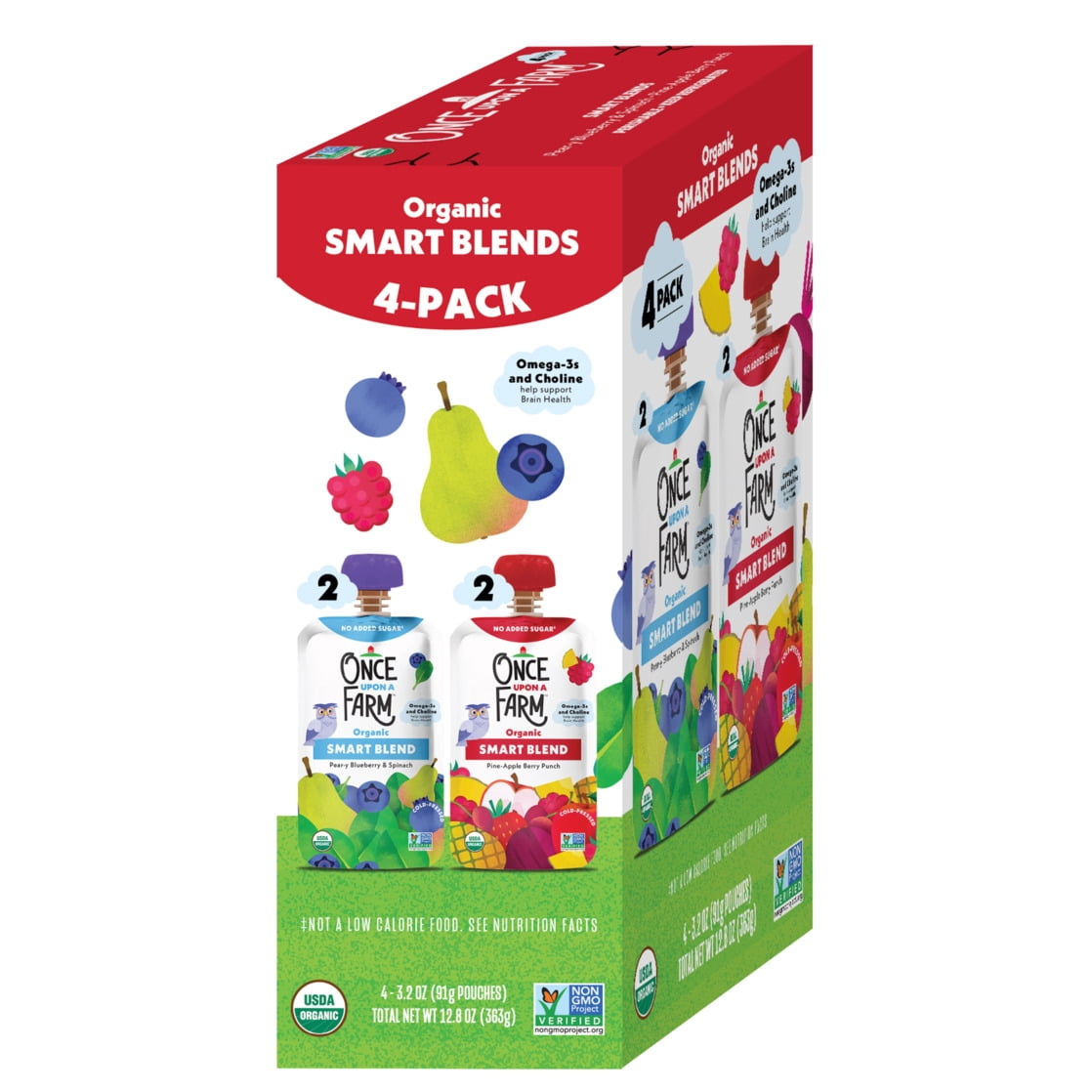 Once Upon a Farm Organic Refrigerated Baby Food Smart Blend Pear-y Blueberry & Spinach/Pine-Apple Berry Punch Variety Pack, 3.2oz Pouch (4 Pack)