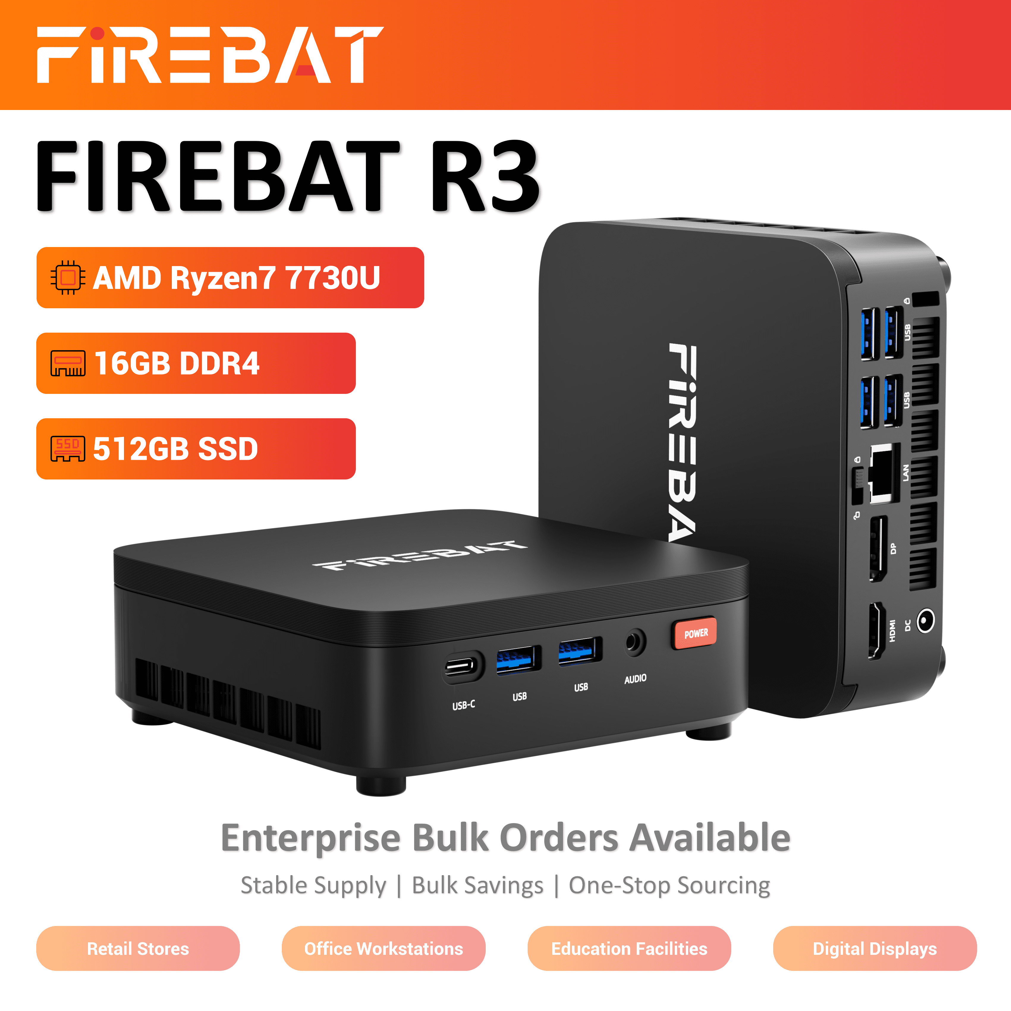 FIREBAT, Mini PC, AMD Ryzen7 7735HS, 16GB RAM, 512GB SSD, Black