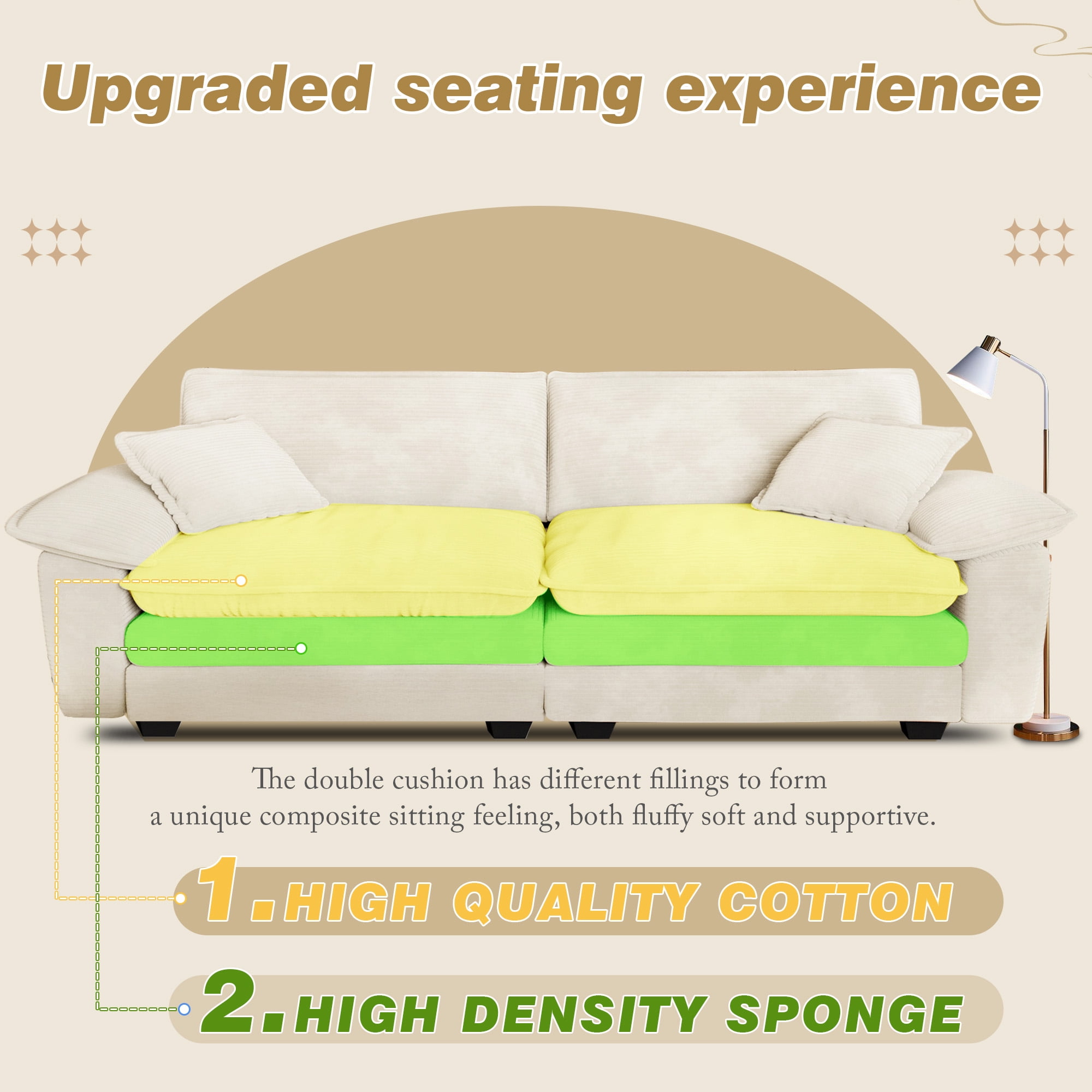Muumblus 80.5" Corduroy Loveseat Sofa, Oversized Upholstered 2-Seater Plush Cloud Couch for Living Room/Apt, White