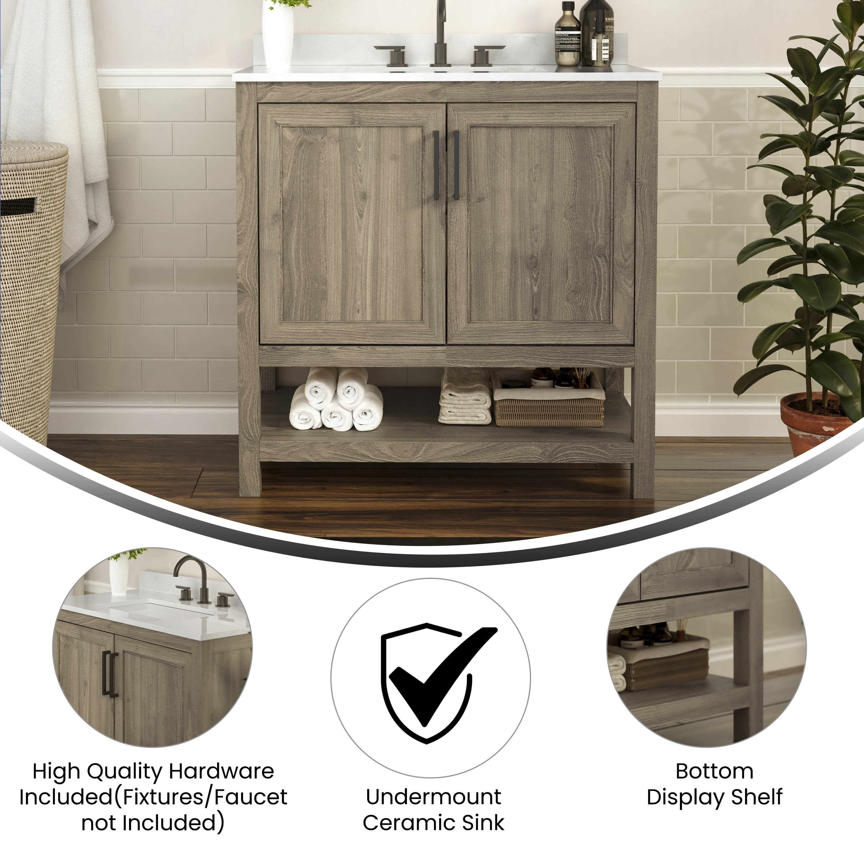 Emma + Oliver 36 Inch Bathroom Vanity, Single Sink Cabinet with 2 Soft Close Doors and Open Shelf, Carrara Marble Finish Countertop, Brown