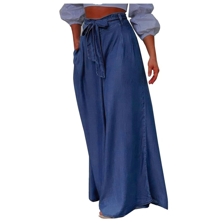 Hvyesh Jeans Women Plus Size Wide Leg Fashion Ladies Summer Casual Loose  Button Zipper Pocket Solid Trousers Bandage Pants 